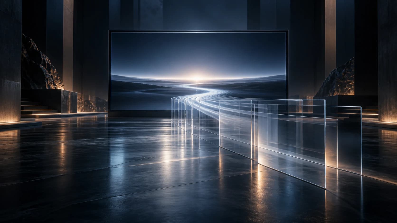 Una pantalla de cine proyecta una cinta de luz entre planos de vidrio en un espacio arquitectónico oscuro.