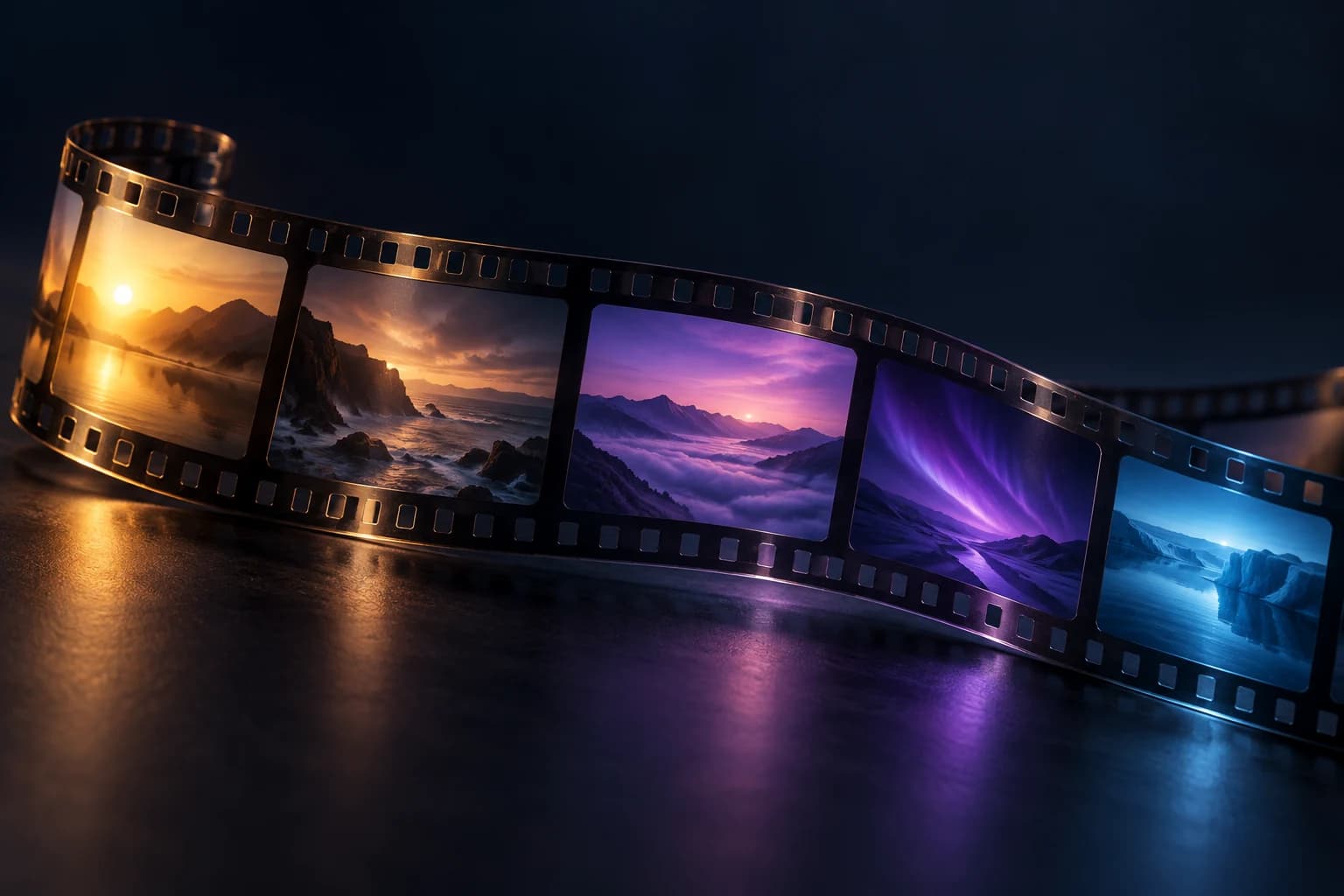 Una tira de película de vidrio recorre paisajes abstractos de luz cálida, violeta y azul.