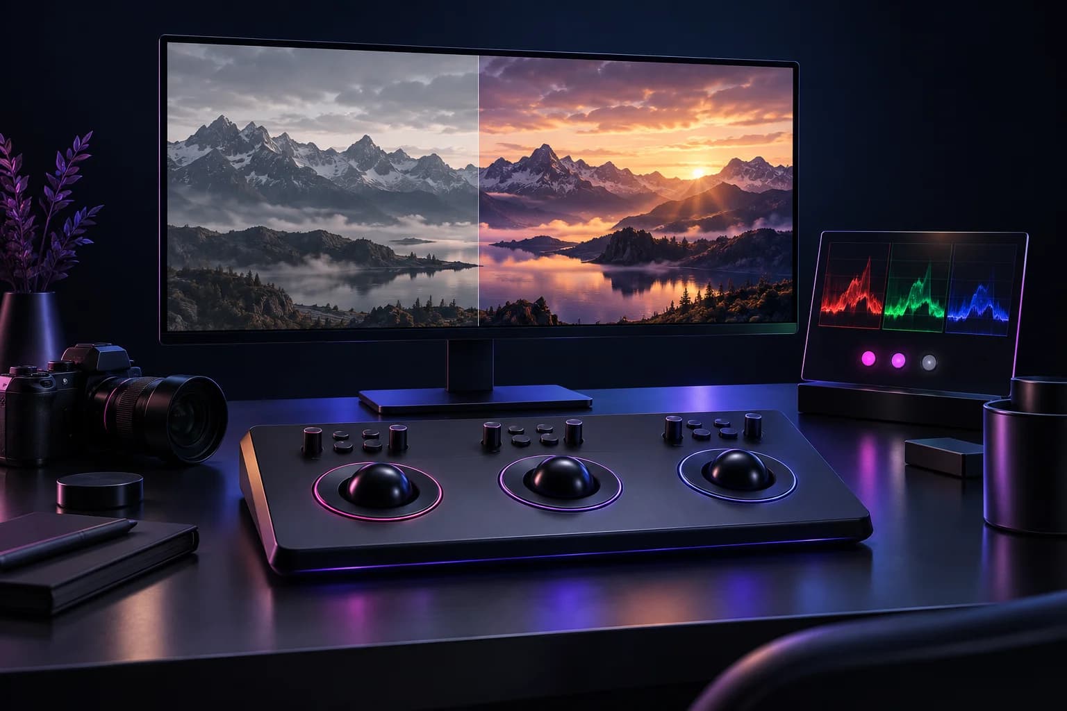 Consola de color y una imagen con dos tratamientos junto a un monitor de señal.